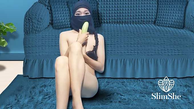 Skinny Pakistani teen masturbates with big green eggplant